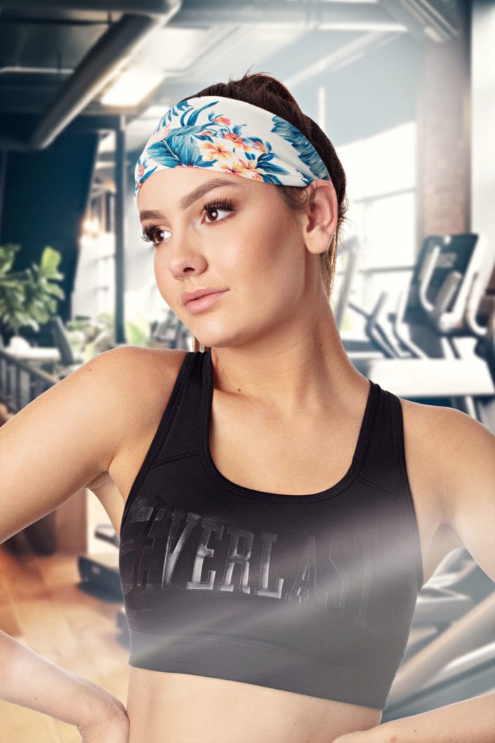 ladies reversible headbands on model Georgia Phillips